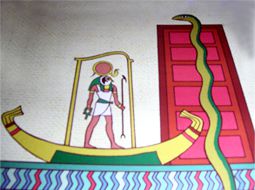 Le serpent Apopis se dresse pour emp�cher l'embarcation de R�, le dieu-Soleil d'accomplir son p�riple nocturne.